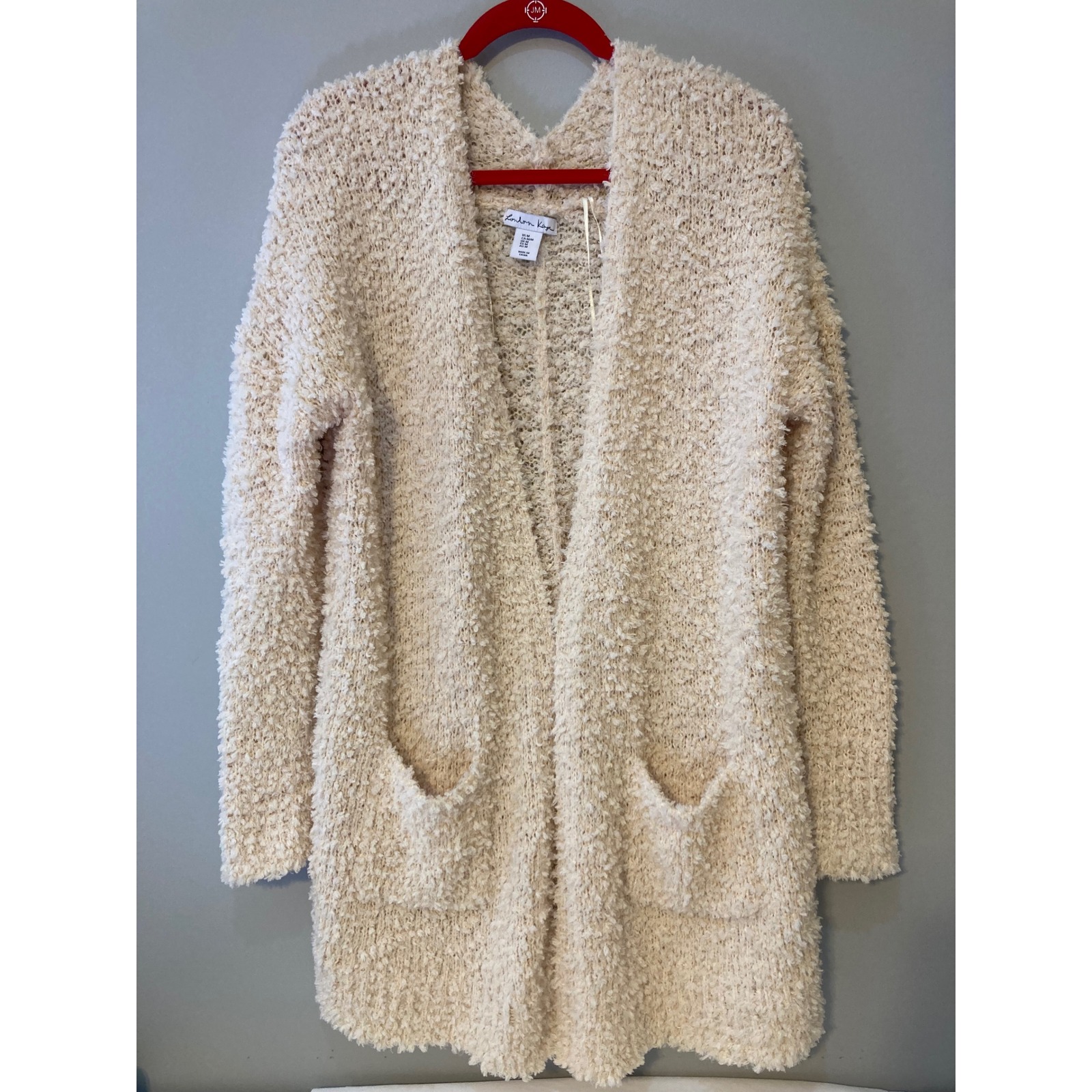London Kaye Women's Cream Textured Knit Open Front Long Sleeve Cardigan M
